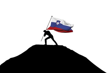 Slovenia flag being pushed into mountain top by a male silhouette. 3D Rendering