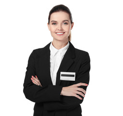 Female receptionist on white background