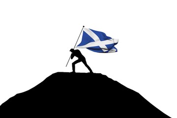 Scotland flag being pushed into mountain top by a male silhouette. 3D Rendering