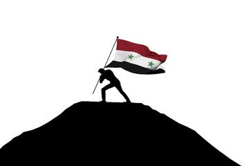Syria flag being pushed into mountain top by a male silhouette. 3D Rendering