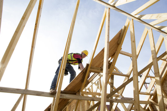 Carpenter building timber frame house.