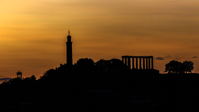 Calton hill Edinburgh city from Arthur's seat during sunset