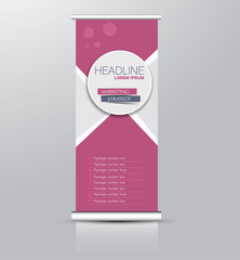Roll up banner stand template. Abstract background for design,  business, education, advertisement. Pink color. Vector  illustration.
