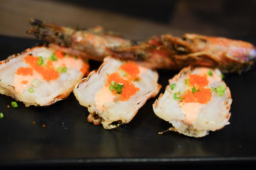 Fresh shrimps topping with shrimp egg