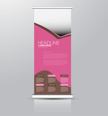 Roll up banner stand template. Abstract background for design,  business, education, advertisement. Pink and brown color. Vector  illustration.