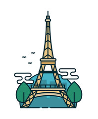 Eiffel Tower in Paris, trees. Vector modern line outline flat style cartoon illustration icon. Isolated on white background.  Paris, France, traveling card concept