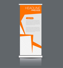 Roll up banner stand template. Abstract banner background for design,  business, education, advertisement. Orange color. Vector  illustration.
