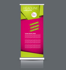 Roll up banner stand template. Abstract banner background for design,  business, education, advertisement. Green and pink color. Vector  illustration.