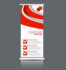 Rollup vertical banner stand template. Abstract background concept for business, education, presentation, advertisement. Editable vector illustration. Red color.