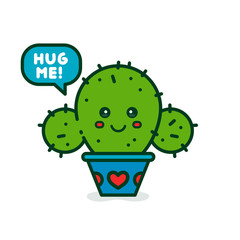 Cute smiling happy cactus say hug me. Vector modern line outline flat style cartoon character illustration. Isolated on blue background.Concept creative card, print design for child kid t-shirt
