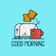 Good morning card. Toaster and a cup of tea Vector modern line outline flat style cartoon illustration. Isolated on blue background.Concept  good morning creative card