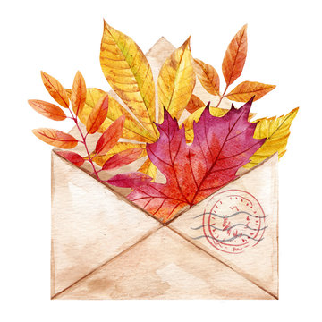 Watercolor envelop with leaves
