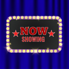 Theater sign on curtain and cinema billboard now showing. Blue shiny banner curtains. Vector Illustration.