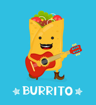 Tasty cute happy smiling burrito dance acoustic guitar. Vector modern flat style cartoon character illustration. Isolated on blue background.  mexican food, cafe, restaurant menu. Love burrito card
