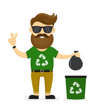 Young smiling happy beard hipster eco friendly man. Ecology man sorting a trash. Vector modern flat style cartoon character illustration. Isolated on white background