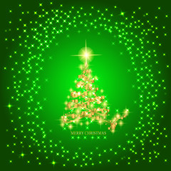Abstract background with gold christmas tree and stars. Illustration in green and gold colors.