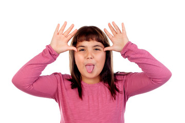 Portrait of funny child showing her handsand show tongue