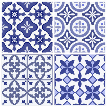Set of 4 seamless patterns with traditional ornate portuguese oriental geometric ceramic tiles azulejos. Vintage Lisbon tiles seamless patterns collection. Vector hand drawn illustration texture.
