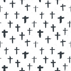 Cross symbols seamless pattern grunge hand drawn Christian crosses, religious signs icons, crucifix symbol vector illustration - obrazy, fototapety, plakaty
