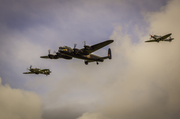A Lancaster Bomber, Spitfire and Hurricane from WW2