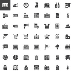Supermarket shopping products vector icons set, modern solid symbol collection, filled pictogram pack. Signs, logo illustration. Set includes icons as cashier machine, barcode scanner, food