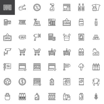 Supermarket shopping products line icons set, outline vector symbol collection, linear style pictogram pack. Signs, logo illustration. Set includes icons as cashier machine, barcode scanner, food