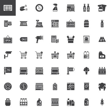 Supermarket shopping products vector icons set, modern solid symbol collection, filled pictogram pack. Signs, logo illustration. Set includes icons as cashier machine, barcode scanner, food