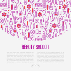 Beauty saloon concept with thin line icons of cosmetics, make up and beauty accessories. Vector illustration for banner, web page, print media with place for text.