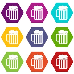 Beer mug icon set color hexahedron