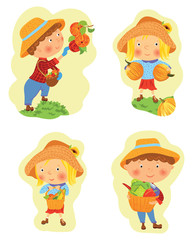 Set of funny cartoon boy and girl harvesting