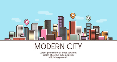 Modern city, banner. Cityscape, urban landscape, town concept. Vector illustration