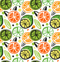 Decorative drawing seamless pattern with citrus fruits. Colorful tropical background