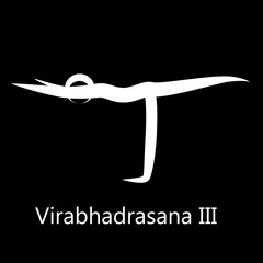 Warrior III Pose, Virabhadrasana III. Yoga Position. Vector Silhouette Illustration. Vector graphic design or logo element for spa center, studio, class, center, poster. Yoga retreat. White.