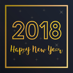 Vector 2018 Happy New Year greeting card with golden frame. Seasonal holidays background.