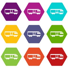 Swiss mountain train icon set color hexahedron