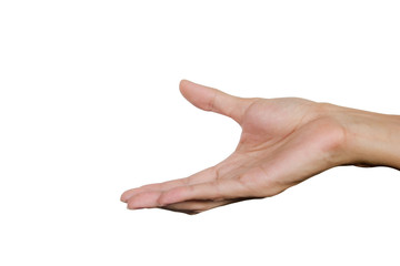 Hand gesture open up like holding something on palm isolated on white background. Clipping path..