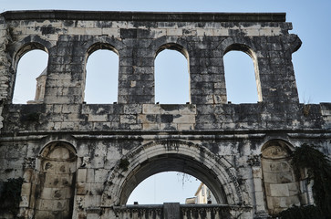 Fototapeta na wymiar Fragment of ancient buildings of the Diocletian palace in the city of Split, Croatia.