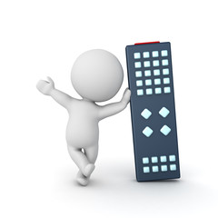 3D Character waving and leaning on giant remote control