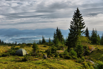 Carpathian mountains autumn landscape with blue sky and clouds