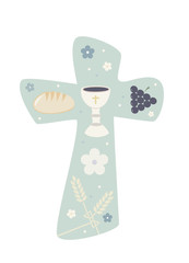 Christian cross with chalice grapes bread and wheat ear. Religious sign. pastel green background