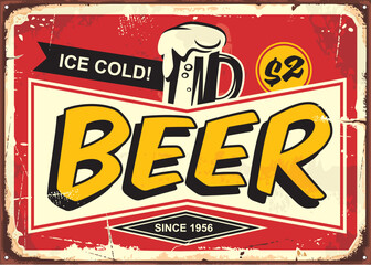 Beer vintage tin sign for cafe bar or pub decoration. Comic style retro poster design with ice cold beer mug on red background. - obrazy, fototapety, plakaty