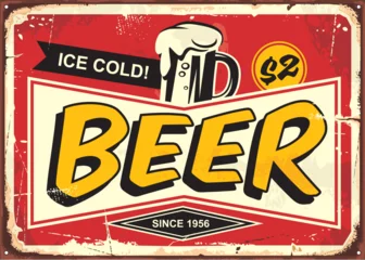 Poster Beer vintage tin sign for cafe bar or pub decoration. Comic style retro poster design with ice cold beer mug on red background. © lukeruk