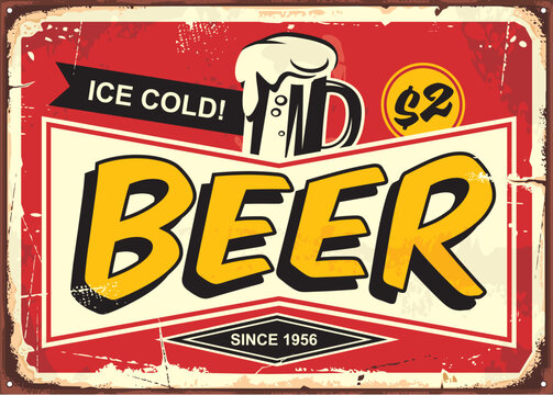 Beer vintage tin sign for cafe bar or pub decoration. Comic style retro poster design with ice cold beer mug on red background.