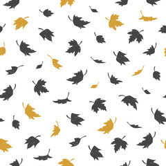 Obraz premium Vector Seamless pattern with maple leaves. Various black and gold leaves on white background. Modern leaf texture