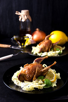 pair quail fowl baked basil lemon spices