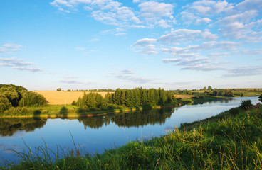 Sunny summer landscape.River Krasivaya in Tula region,Russia. 