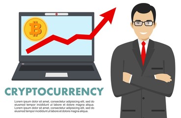 Cryptocurrency concept. Businessman with computer. Up graph with bitcoin sign in flat icon design in laptop. Digital currency electronic money, exchange, mobile banking. Vector illustration.