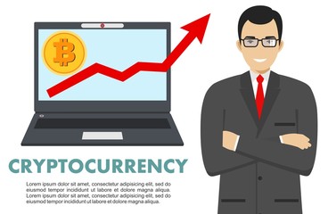 Fototapeta na wymiar Cryptocurrency concept. Businessman with computer. Up graph with bitcoin sign in flat icon design in laptop. Digital currency electronic money, exchange, mobile banking. Vector illustration.