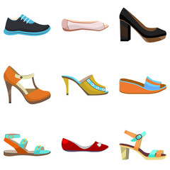 Woman Shoes Set. Colorful Shoes in Cartoon Style for Banners and Fliers. Vector Illustration of Diffrent Types of Shoes
