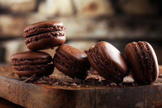 Macarons Sweet Chocolate Macaron French On Wooden Table